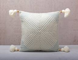 Light Blue Embroidered Pillow Cover, Handmade Cotton Cushion With Wool Detail & Tassels