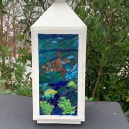 Handcut Beach Stained Glass Lantern, Nautical Decor - thumbnail 4