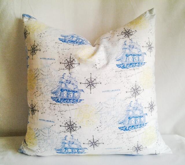 White & Blue Ship Print Pillow Cover, 16x16 Decorative Pillow, Toss Home Decor, Summer, Spring Decor - image 1