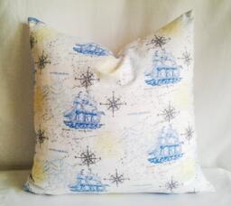 White & Blue Ship Print Pillow Cover, 16x16 Decorative Pillow, Toss Home Decor, Summer, Spring Decor - thumbnail 1