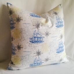 White & Blue Ship Print Pillow Cover, 16x16 Decorative Pillow, Toss Home Decor, Summer, Spring Decor - thumbnail 2