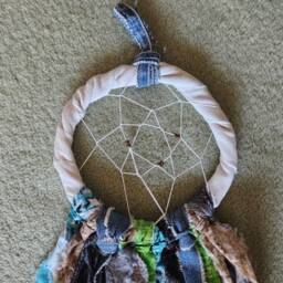 Dream Catcher, Dreamcatcher Denim, Southwestern Wall Art, Tribal Home Decor, Beaded Hanging, Fabric Talisman, Spiritual Art Dc6 - thumbnail 4