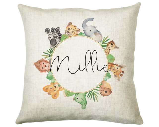 Personalised Safari Animals Cushion Gift Printed Name Design - Throw Pillow For Boy Girl Nursery Bedroom Christmas Cs070 - image 1