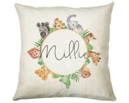 Personalised Safari Animals Cushion Gift Printed Name Design - Throw Pillow For Boy Girl Nursery Bedroom Christmas Cs070 - thumbnail 1