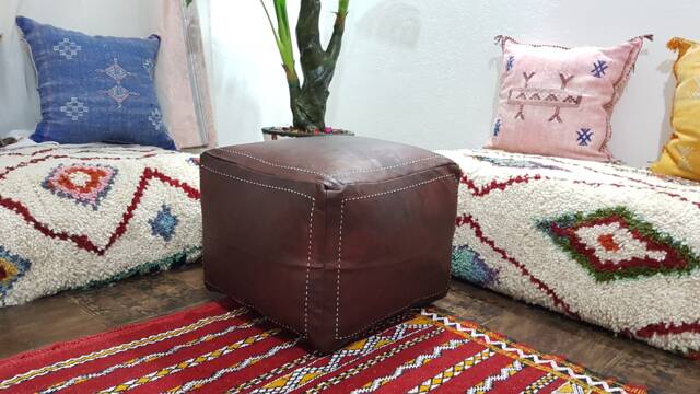 Stuffed Dark Brown Moroccan Leather Pouf Handmade Square Ottoman Brown, Floor Poof, Footstool, Ottoman Table, & Stools - image 1