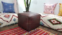 Stuffed Dark Brown Moroccan Leather Pouf Handmade Square Ottoman Brown, Floor Poof, Footstool, Ottoman Table, & Stools - thumbnail 1