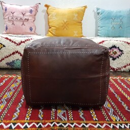 Stuffed Dark Brown Moroccan Leather Pouf Handmade Square Ottoman Brown, Floor Poof, Footstool, Ottoman Table, & Stools - thumbnail 3