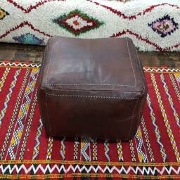 Stuffed Dark Brown Moroccan Leather Pouf Handmade Square Ottoman Brown, Floor Poof, Footstool, Ottoman Table, & Stools - thumbnail 4