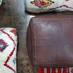 Stuffed Dark Brown Moroccan Leather Pouf Handmade Square Ottoman Brown, Floor Poof, Footstool, Ottoman Table, & Stools - thumbnail 2