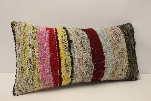 Vintage Turkish Kilim Lumbar Pillow Cover, Boho Wool Cushion - 12x24 - image 1
