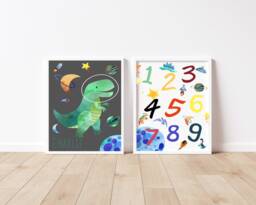 Personalised Space Dinosaur, Planets & Numbers Prints - Set Of Two Children's Kids Nursery Bedroom Playroom Prints Trex Gift - thumbnail 1