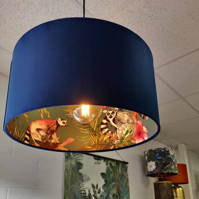 Navy Blue Lampshade in Velvet With Teal Lemur Lining - image 1