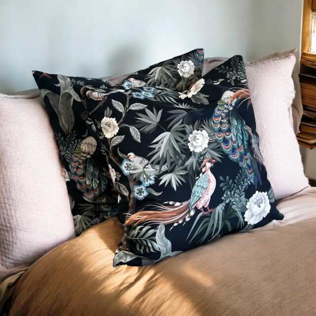 Handmade Printed Velour Velvet Floral Peacock Cushion Covers - Velor Throw Pillows - Choose From 2 Patterns - image 1