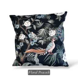 Handmade Printed Velour Velvet Floral Peacock Cushion Covers - Velor Throw Pillows - Choose From 2 Patterns - thumbnail 2