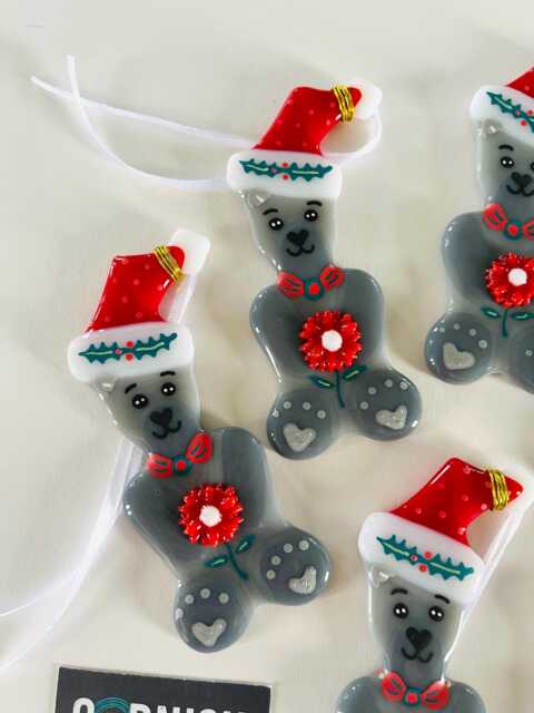 Fused Glass Teddy Bear Christmas Tree Decoration, Ornament, Cornwall, Cornish Fused Glass - image 1