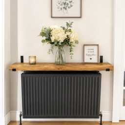 Radiator Shelf With Brackets 17cm/7 Inches Deep - Solid Wood Cover Hallway, Living Room Storage Rustic Wood - thumbnail 2