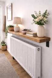 Radiator Shelf With Brackets 17cm/7 Inches Deep - Solid Wood Cover Hallway, Living Room Storage Rustic Wood - thumbnail 1