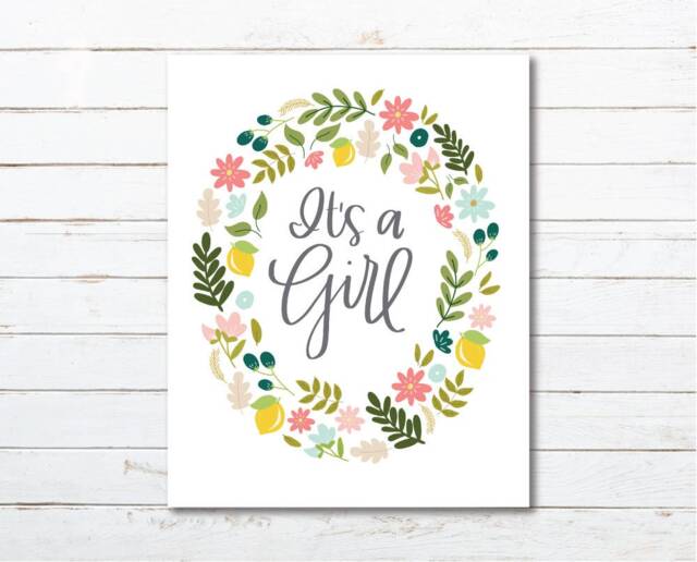 It's A Girl Hand Lettered Floral Wall Sign//Instant Download Printable Baby Nursery Decor