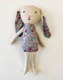 Rosebud Bunny Toy. First Birthday Bunny Toy. Baby Shower Handmade Soft Toy in Blue & Pink