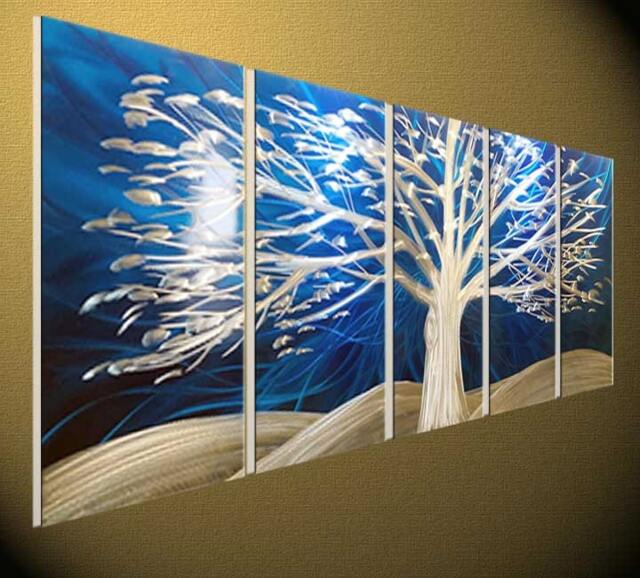Modern Metal Wall Art, Abstract Tree Sculpture, Blue Silver Painting - image 1