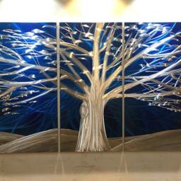 Modern Metal Wall Art, Abstract Tree Sculpture, Blue Silver Painting - thumbnail 2