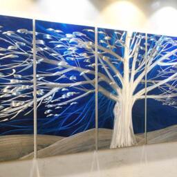 Modern Metal Wall Art, Abstract Tree Sculpture, Blue Silver Painting - thumbnail 3