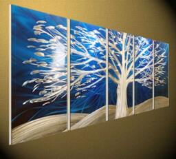 Modern Metal Wall Art, Abstract Tree Sculpture, Blue Silver Painting - thumbnail 1
