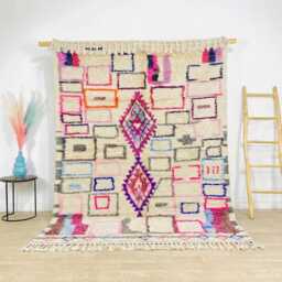 Moroccan Ivory Berber Rug, Handwoven Wool Shag Colorful Rectangles & Diamond Motifs, Authentic Beni Ourain Carpet, Large 9x12 Area Rug - thumbnail 1