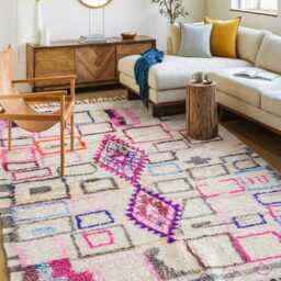Moroccan Ivory Berber Rug, Handwoven Wool Shag Colorful Rectangles & Diamond Motifs, Authentic Beni Ourain Carpet, Large 9x12 Area Rug - thumbnail 3