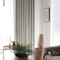 Set Of 2 Sand Beige Minimalist Blackout Curtain Linen Look Mid Century Panel Insulating Room Darkening Drapes - thumbnail 2