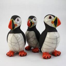 standing Puffin in Full Colour - Small Ceramic Raku Fired Sculpture