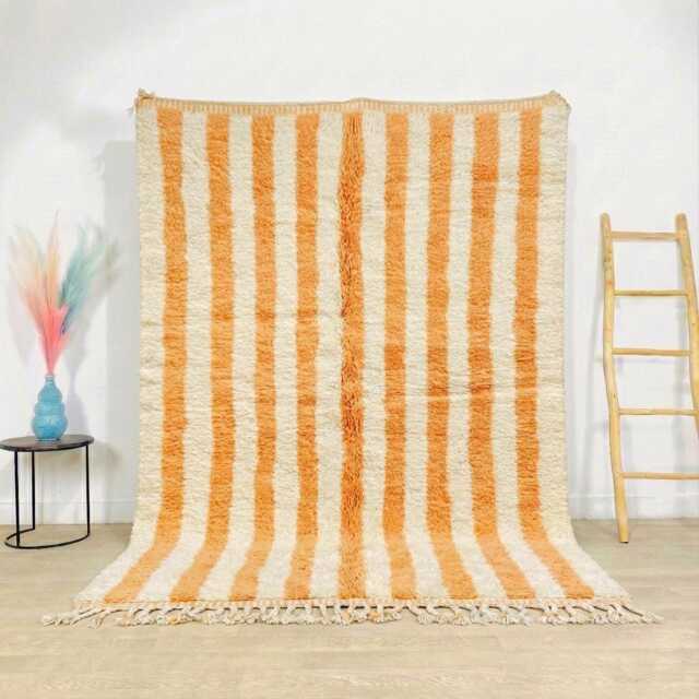 Moroccan Peach Berber Rug, Handwoven Wool Shag Rug With Vertical Stripes, Authentic Beni Ourain Style Carpet, Large 9x12 Area - image 1