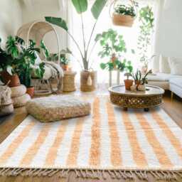 Moroccan Peach Berber Rug, Handwoven Wool Shag Rug With Vertical Stripes, Authentic Beni Ourain Style Carpet, Large 9x12 Area - thumbnail 2