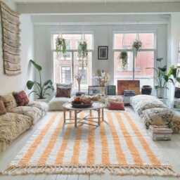 Moroccan Peach Berber Rug, Handwoven Wool Shag Rug With Vertical Stripes, Authentic Beni Ourain Style Carpet, Large 9x12 Area - thumbnail 3