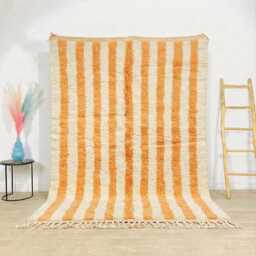Moroccan Peach Berber Rug, Handwoven Wool Shag Rug With Vertical Stripes, Authentic Beni Ourain Style Carpet, Large 9x12 Area - thumbnail 1