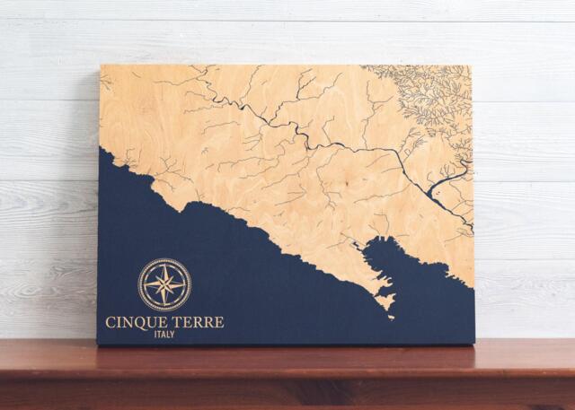 Cinque Terre, Italy Map - Engraved Wood Coastal Chart Wall Art Sign, Italian Riviera Home Decor Nautical Print, Unique Personalized Gift - image 1