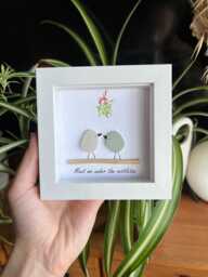 Christmas Couple Sea Glass Framed Gift, Bird Under The Mistletoe, Christmas Mistletoe Seaglass. Sea Art - thumbnail 1