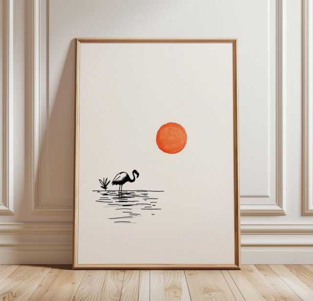 Japanese Crane Poster - Minimal Ink Line Art Print Red Sun Wall Decor - image 1