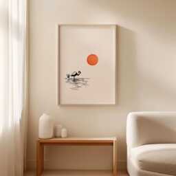 Japanese Crane Poster - Minimal Ink Line Art Print Red Sun Wall Decor - thumbnail 3