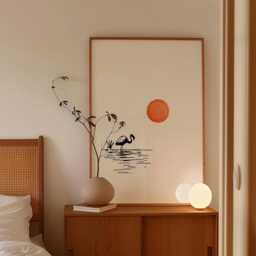 Japanese Crane Poster - Minimal Ink Line Art Print Red Sun Wall Decor - thumbnail 2
