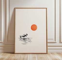 Japanese Crane Poster - Minimal Ink Line Art Print Red Sun Wall Decor - thumbnail 1