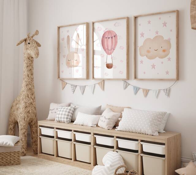 Girls Nursery Prints, Hot Air Balloon, Cloud Decor, Dusky Pink Bedroom, Baby Girl Set, Bunny Wall Art, Watercolour Balloons - image 1