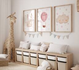 Girls Nursery Prints, Hot Air Balloon, Cloud Decor, Dusky Pink Bedroom, Baby Girl Set, Bunny Wall Art, Watercolour Balloons - thumbnail 1