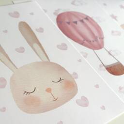 Girls Nursery Prints, Hot Air Balloon, Cloud Decor, Dusky Pink Bedroom, Baby Girl Set, Bunny Wall Art, Watercolour Balloons - thumbnail 3