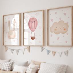 Girls Nursery Prints, Hot Air Balloon, Cloud Decor, Dusky Pink Bedroom, Baby Girl Set, Bunny Wall Art, Watercolour Balloons - thumbnail 2