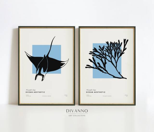 Set Of 2 Beach Prints, Minimalist Gallery Wall Art, Sea Fish Nautical Decor, Blue Aesthetic Collection, Printable Botanical, Algae Poster - image 1