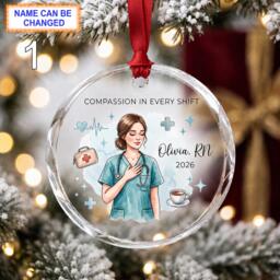 Compassion in Every Shift Nurse Christmas Glass Ornament, Custom Healthcare Keepsake With Scrubs, Stethoscope, Coffee & Medical Details