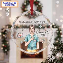 Compassion in Every Shift Nurse Christmas Glass Ornament, Custom Healthcare Keepsake With Scrubs, Stethoscope, Coffee & Medical Details - thumbnail 3