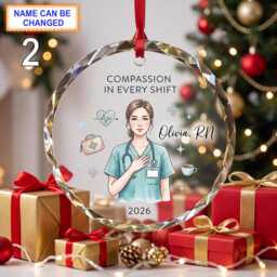 Compassion in Every Shift Nurse Christmas Glass Ornament, Custom Healthcare Keepsake With Scrubs, Stethoscope, Coffee & Medical Details - thumbnail 2