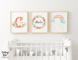 Unicorn Nursery Decor, Personalised Prints, Set Of 3 Girls Bedroom Wall Art, Theme, Watercolour Flowers Wreath - thumbnail 1